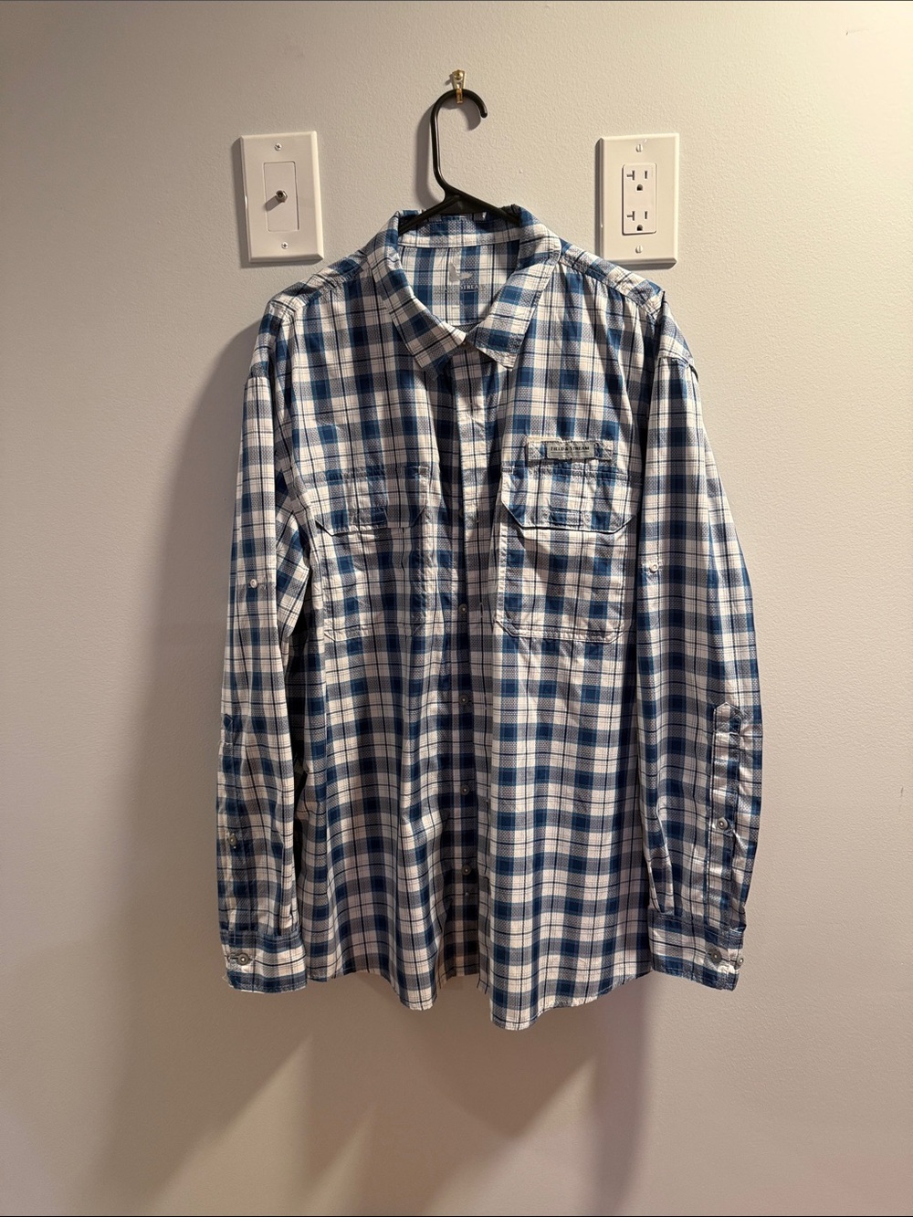 Field & Stream Vented Blue and White Plaid Shirt with Subtle Red Accents